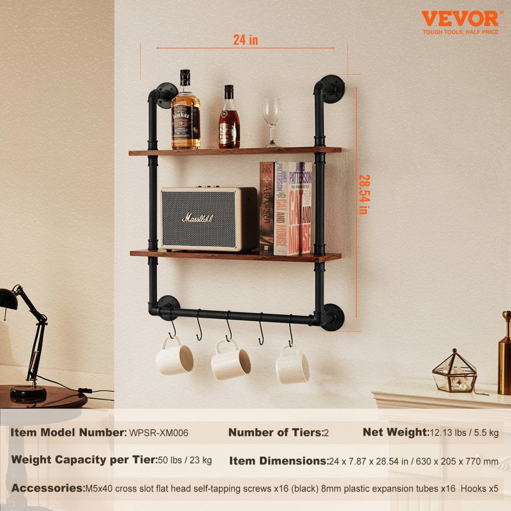 VEVOR Industrial Pipe Shelf 2 Tier 24x7.87in Wall-Mount for Kitchen Bedroom 