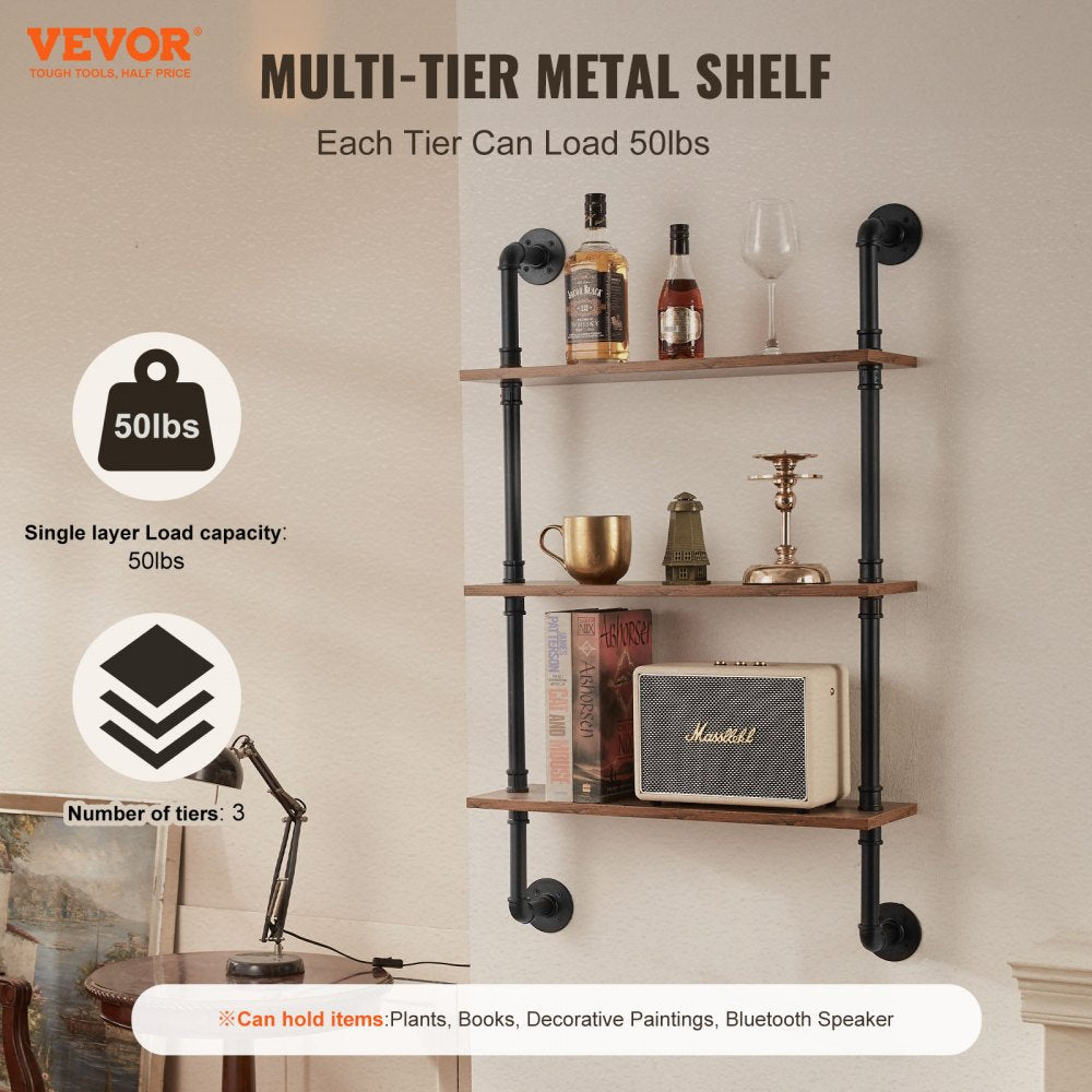 VEVOR Industrial Pipe Shelf 3 Tier 24x7.87in Wall-Mount for Kitchen Bedroom 