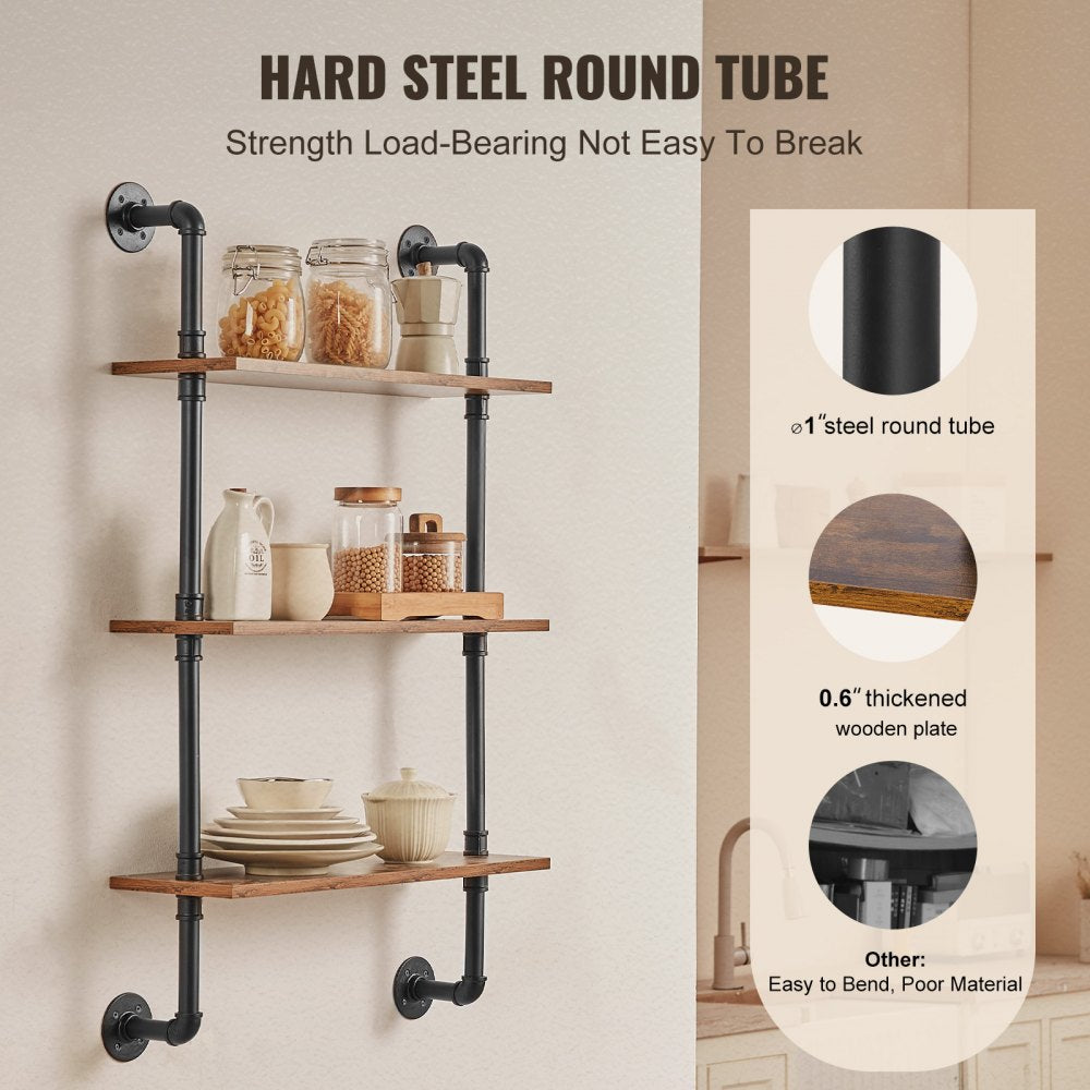 VEVOR Industrial Pipe Shelf 3 Tier 24x7.87in Wall-Mount for Kitchen Bedroom 
