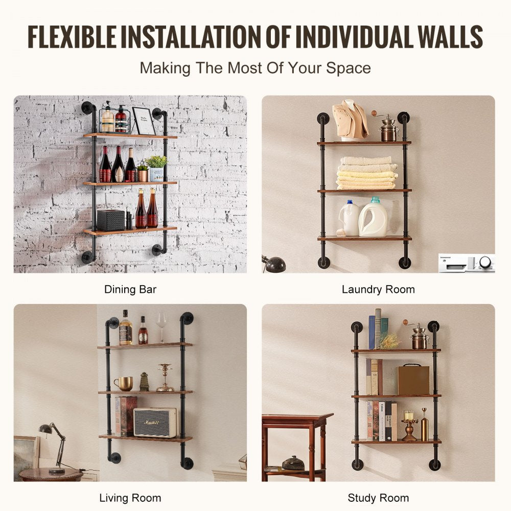 VEVOR Industrial Pipe Shelf 3 Tier 24x7.87in Wall-Mount for Kitchen Bedroom 