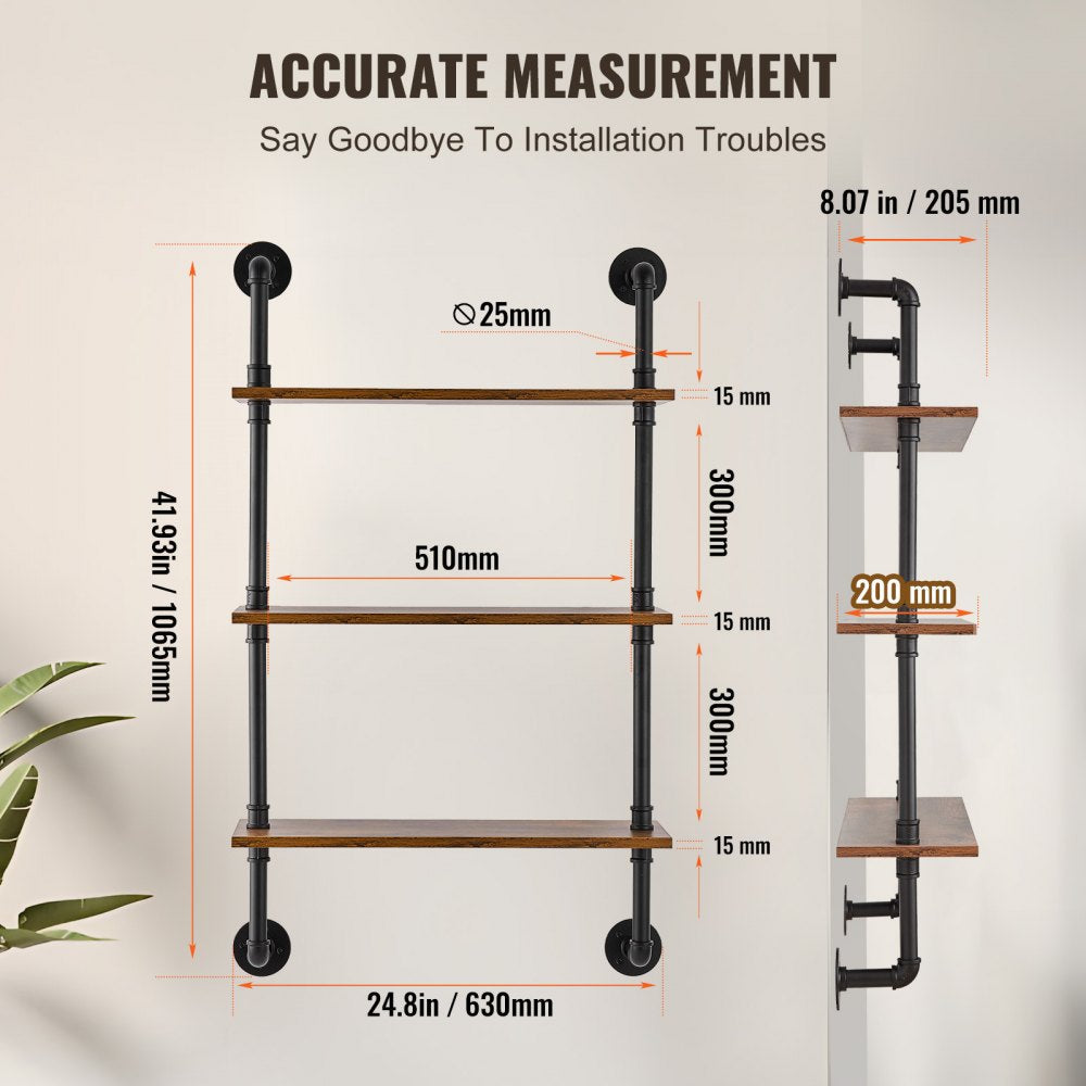 VEVOR Industrial Pipe Shelf 3 Tier 24x7.87in Wall-Mount for Kitchen Bedroom 