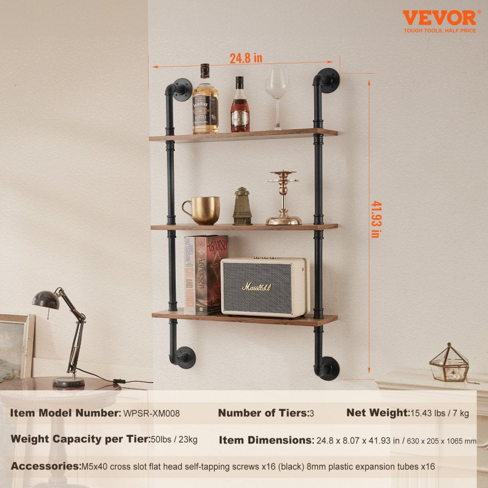 VEVOR Industrial Pipe Shelf 3 Tier 24x7.87in Wall-Mount for Kitchen Bedroom 