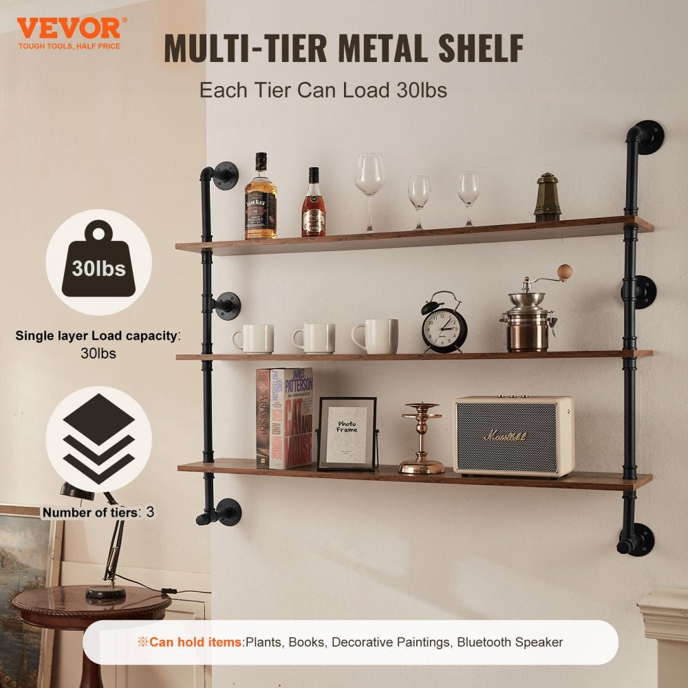VEVOR Industrial Pipe Shelf 3 Tier 48x9.84in Wall-Mount for Kitchen Bedroom 