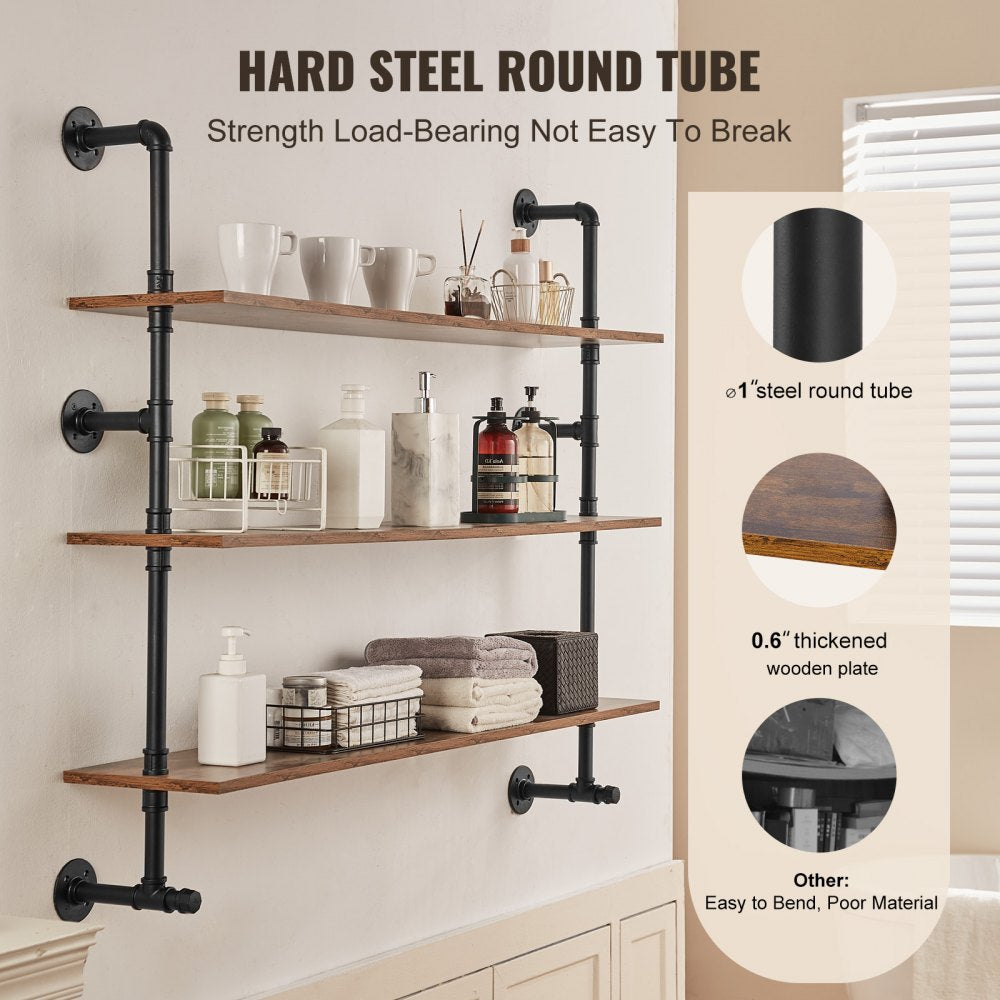 VEVOR Industrial Pipe Shelf 3 Tier 48x9.84in Wall-Mount for Kitchen Bedroom 