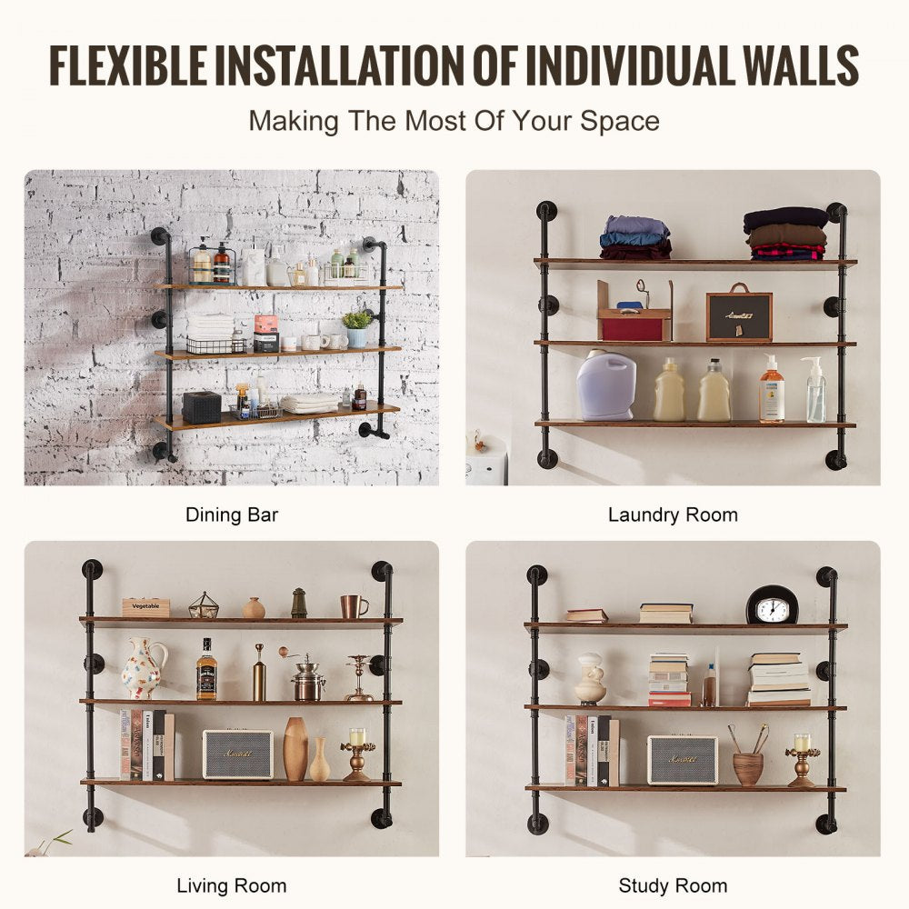 VEVOR Industrial Pipe Shelf 3 Tier 48x9.84in Wall-Mount for Kitchen Bedroom 