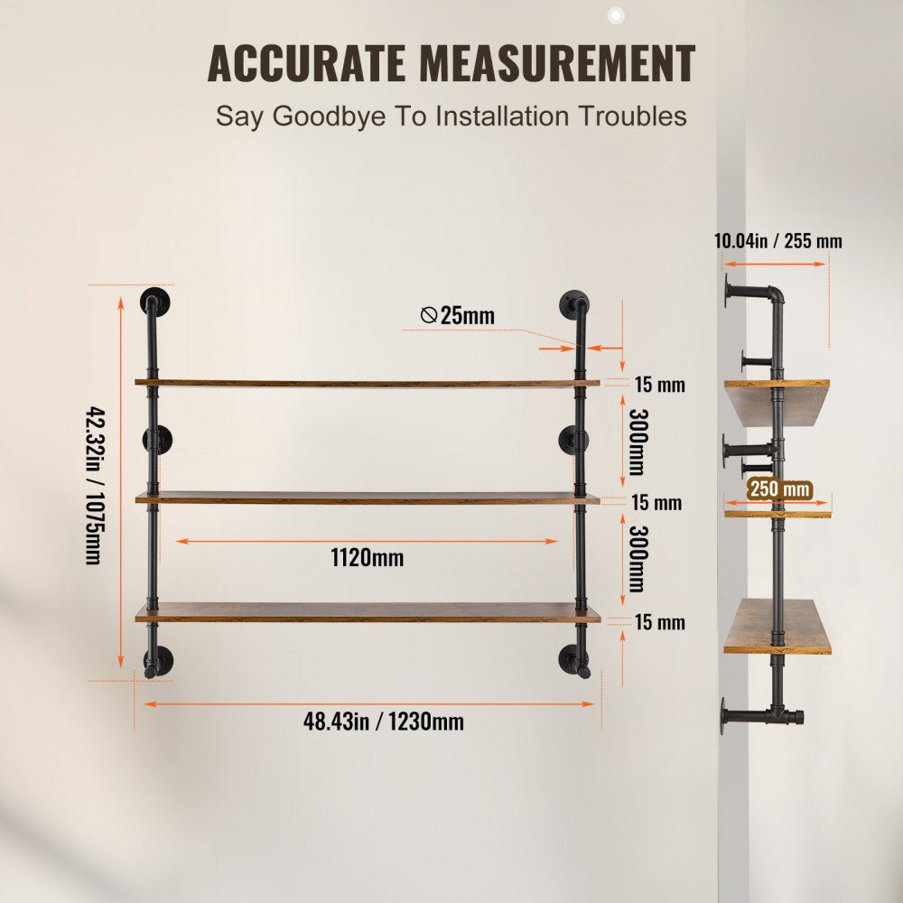 VEVOR Industrial Pipe Shelf 3 Tier 48x9.84in Wall-Mount for Kitchen Bedroom 