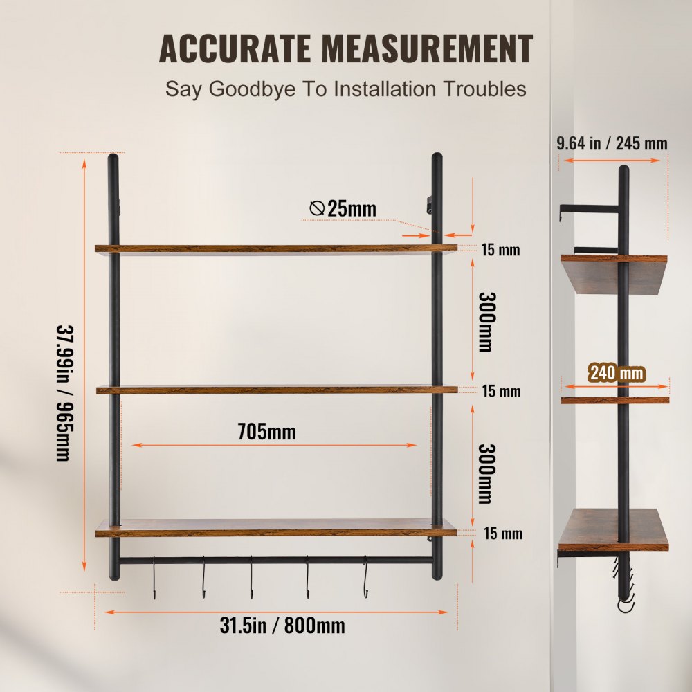 VEVOR Industrial Pipe Shelf 3 Tier 32x9.84in Wall-Mount for Kitchen Bedroom 