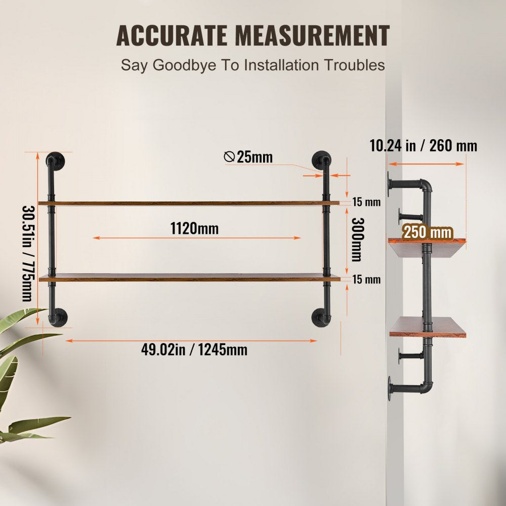 VEVOR Industrial Pipe Shelf 2 Tier 48x 9.84in Wall-Mount for Kitchen Bedroom 