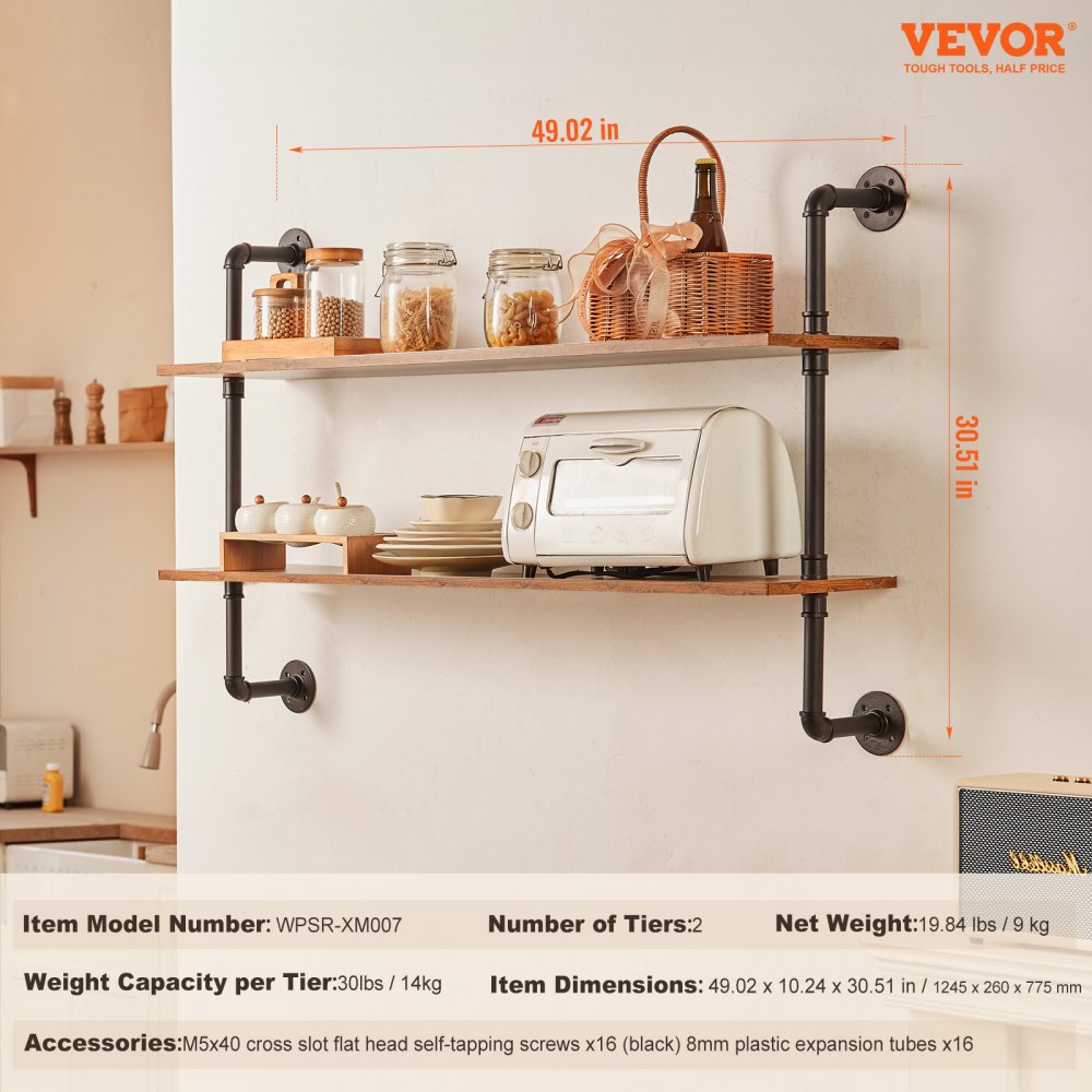 VEVOR Industrial Pipe Shelf 2 Tier 48x 9.84in Wall-Mount for Kitchen Bedroom 