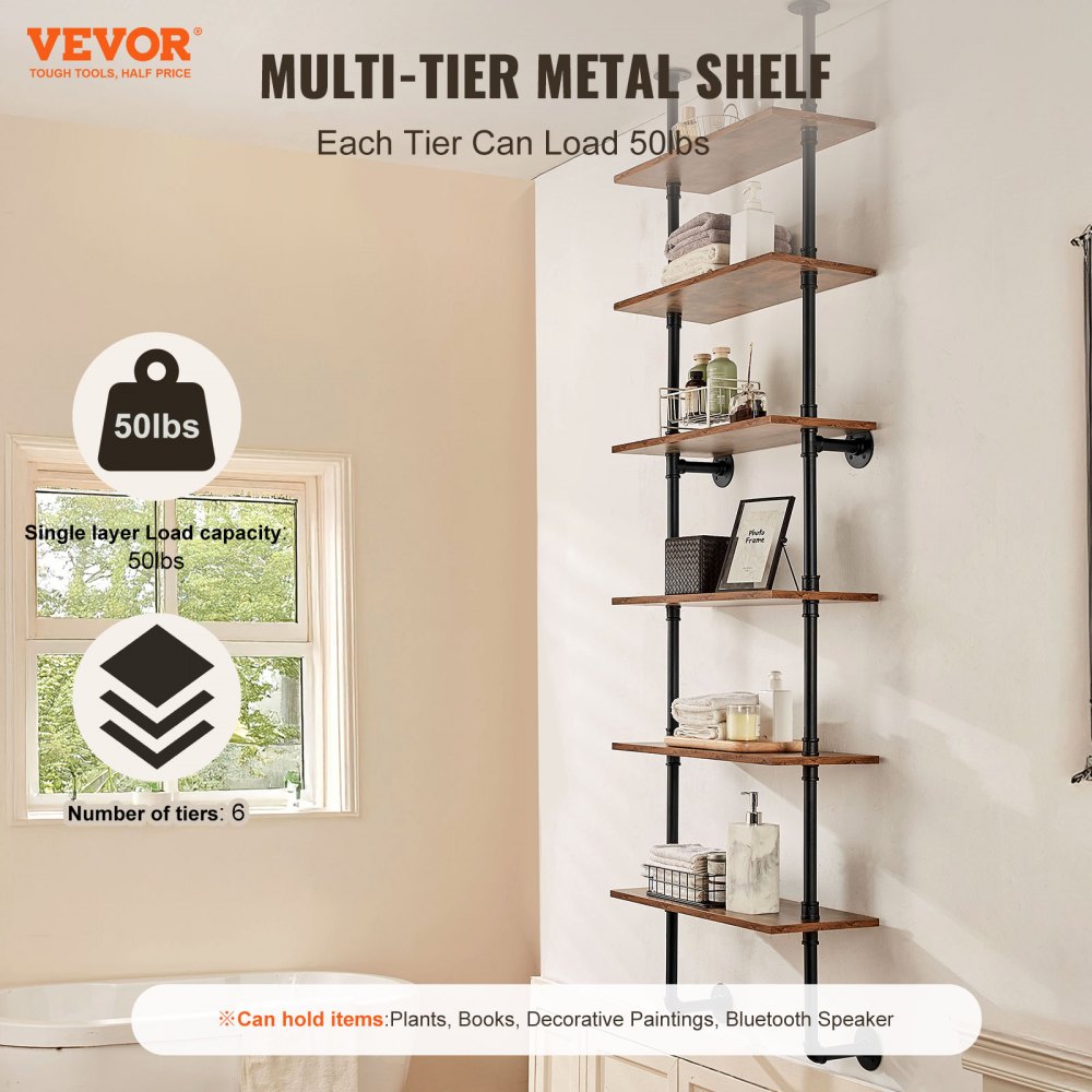VEVOR Industrial Pipe Shelf 6 Tier 24x9.84in Wall-Mount for Kitchen Bedroom 