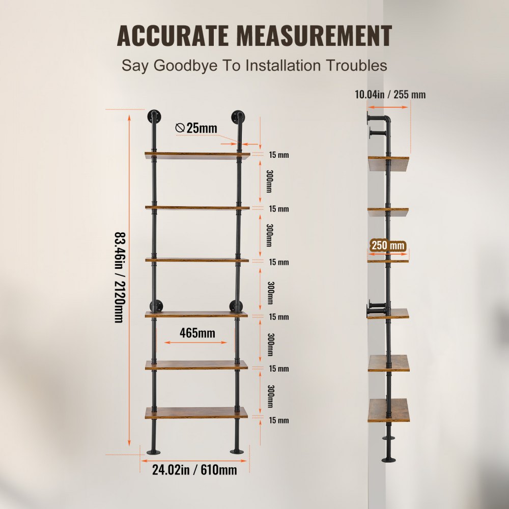VEVOR Industrial Pipe Shelf 6 Tier 24x9.84in Wall-Mount for Kitchen Bedroom 