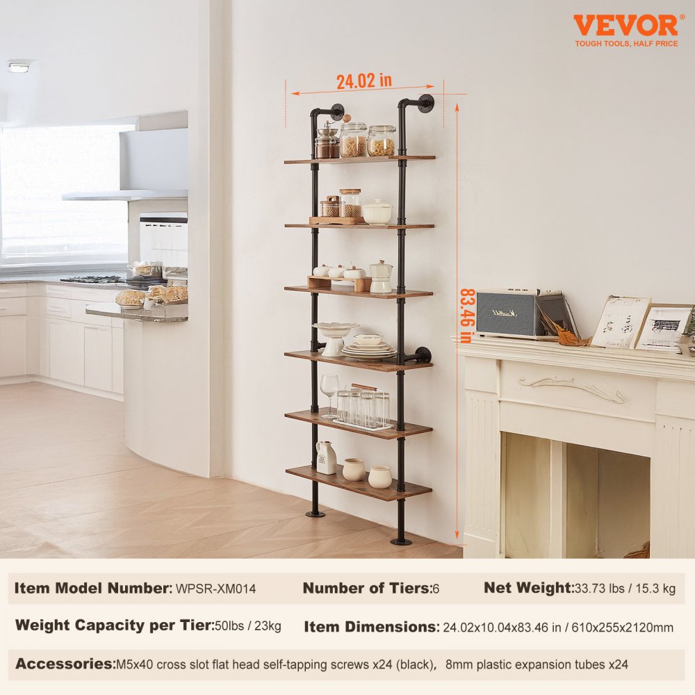 VEVOR Industrial Pipe Shelf 6 Tier 24x9.84in Wall-Mount for Kitchen Bedroom 