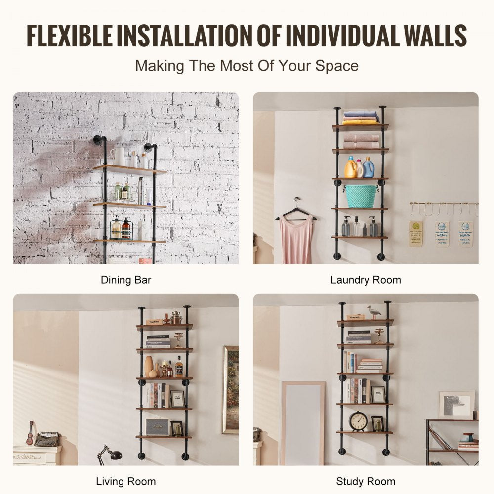 VEVOR Industrial Pipe Shelf 5 Tier 24x9.84in Wall-Mount for Kitchen Bedroom 