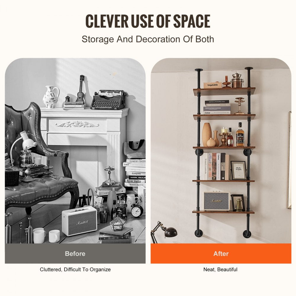 VEVOR Industrial Pipe Shelf 5 Tier 24x9.84in Wall-Mount for Kitchen Bedroom 