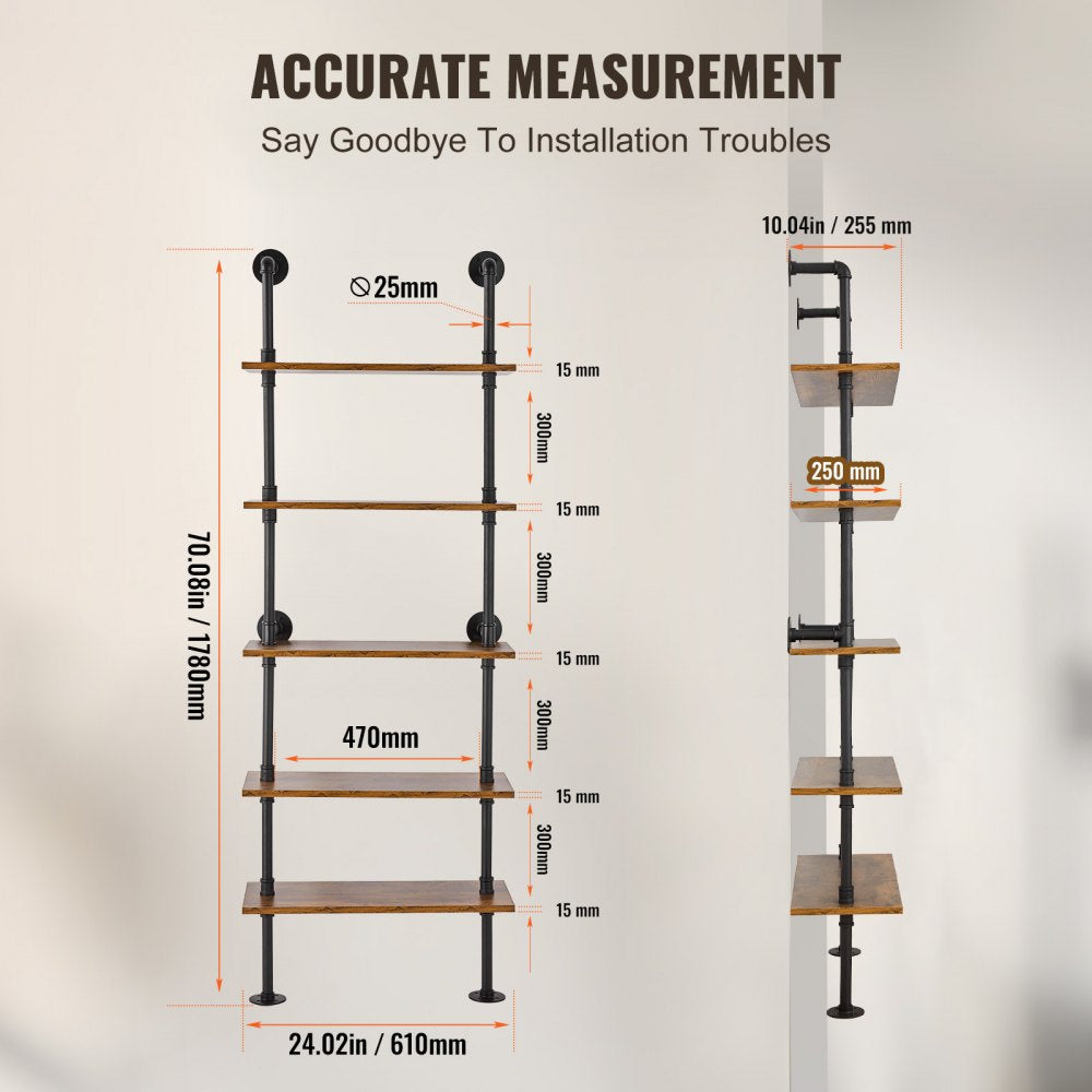 VEVOR Industrial Pipe Shelf 5 Tier 24x9.84in Wall-Mount for Kitchen Bedroom 