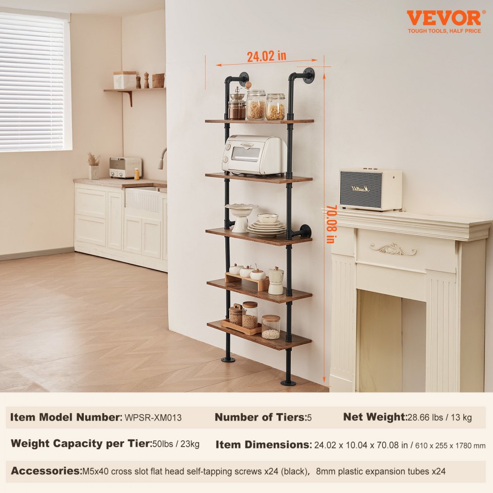 VEVOR Industrial Pipe Shelf 5 Tier 24x9.84in Wall-Mount for Kitchen Bedroom 