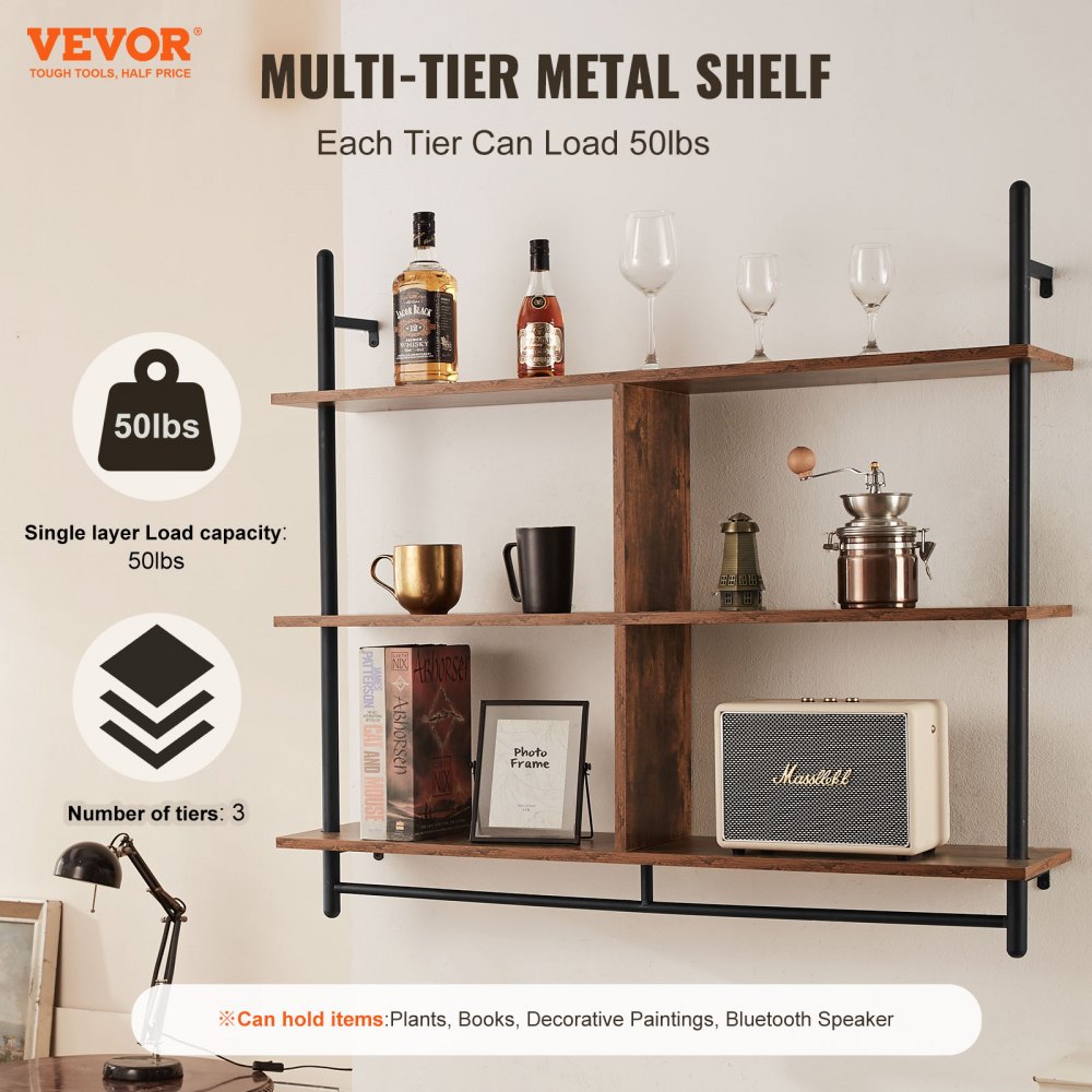 VEVOR Industrial Pipe Shelf 3 Tier 41.5x9.84in Wall-Mount for Kitchen Bedroom 