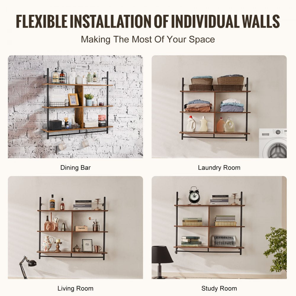 VEVOR Industrial Pipe Shelf 3 Tier 41.5x9.84in Wall-Mount for Kitchen Bedroom 