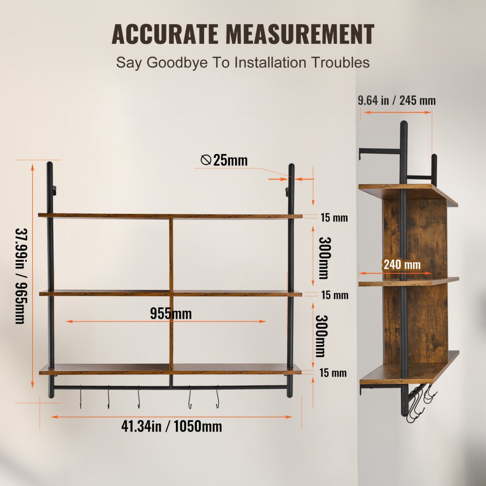 VEVOR Industrial Pipe Shelf 3 Tier 41.5x9.84in Wall-Mount for Kitchen Bedroom 