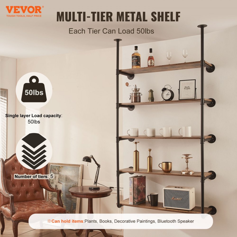 VEVOR Industrial Pipe Shelf 5 Tier 2PCS 11.8in W Wall-Mount Planks NOT Included 