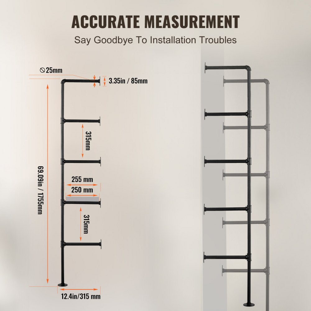 VEVOR Industrial Pipe Shelf 5 Tier 2PCS 9.84in W Wall-Mount Planks NOT Included 