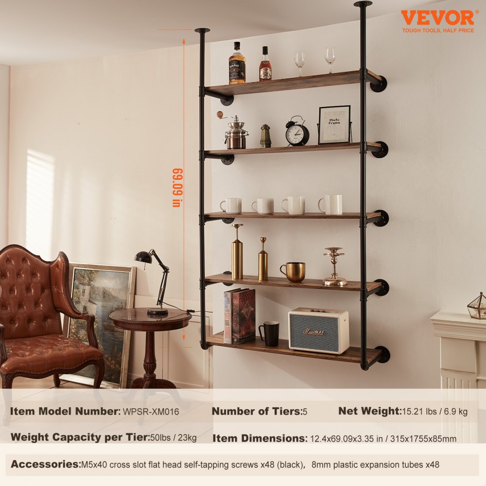 VEVOR Industrial Pipe Shelf 5 Tier 2PCS 9.84in W Wall-Mount Planks NOT Included 