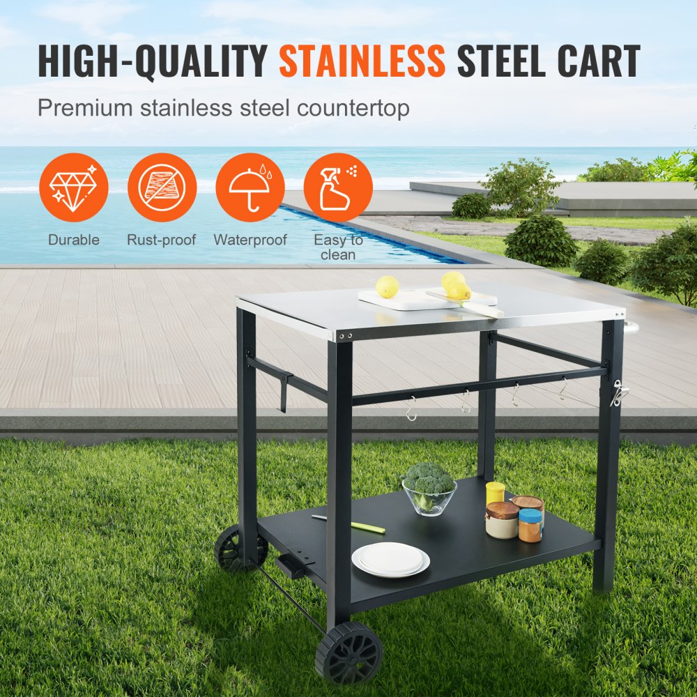 VEVOR Outdoor Grill Dining Cart with Double-Shelf, BBQ Movable Food Prep Table, Multifunctional Stainless Steel Table Top, Portable Modular Carts for Pizza Oven, Worktable with 2 Wheels, Carry Handle 
