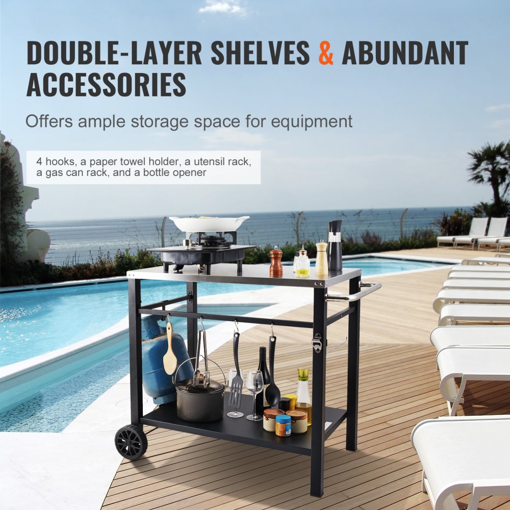 VEVOR Outdoor Grill Dining Cart with Double-Shelf, BBQ Movable Food Prep Table, Multifunctional Stainless Steel Table Top, Portable Modular Carts for Pizza Oven, Worktable with 2 Wheels, Carry Handle 