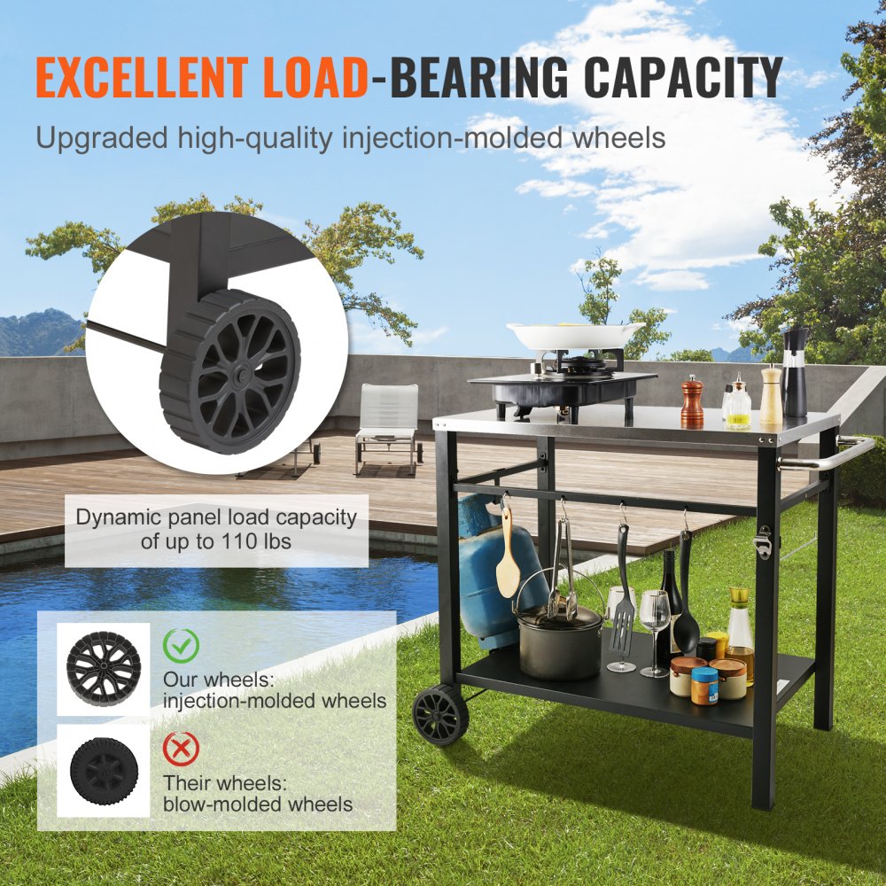 VEVOR Outdoor Grill Dining Cart with Double-Shelf, BBQ Movable Food Prep Table, Multifunctional Stainless Steel Table Top, Portable Modular Carts for Pizza Oven, Worktable with 2 Wheels, Carry Handle 