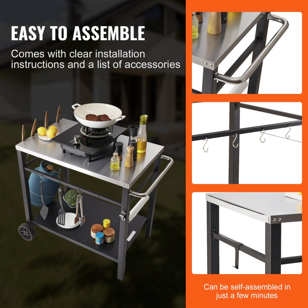 VEVOR Outdoor Grill Dining Cart with Double-Shelf, BBQ Movable Food Prep Table, Multifunctional Stainless Steel Table Top, Portable Modular Carts for Pizza Oven, Worktable with 2 Wheels, Carry Handle 