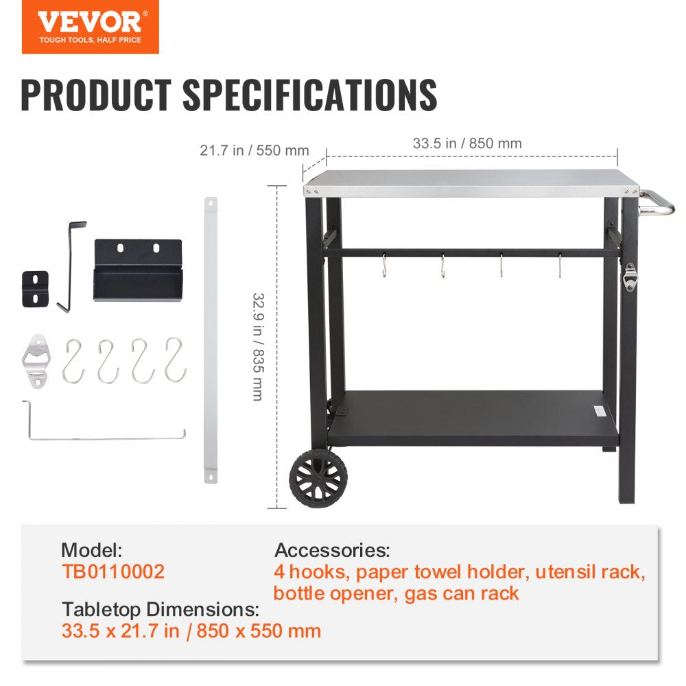 VEVOR Outdoor Grill Dining Cart with Double-Shelf, BBQ Movable Food Prep Table, Multifunctional Stainless Steel Table Top, Portable Modular Carts for Pizza Oven, Worktable with 2 Wheels, Carry Handle 