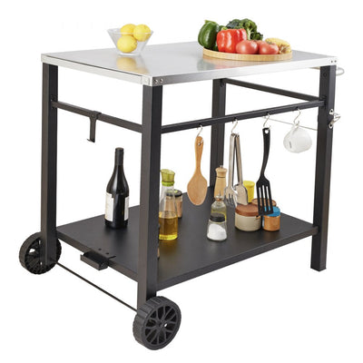 VEVOR Outdoor Grill Dining Cart with Double-Shelf, BBQ Movable Food Prep Table, Multifunctional Stainless Steel Table Top, Portable Modular Carts for Pizza Oven, Worktable with 2 Wheels, Carry Handle 