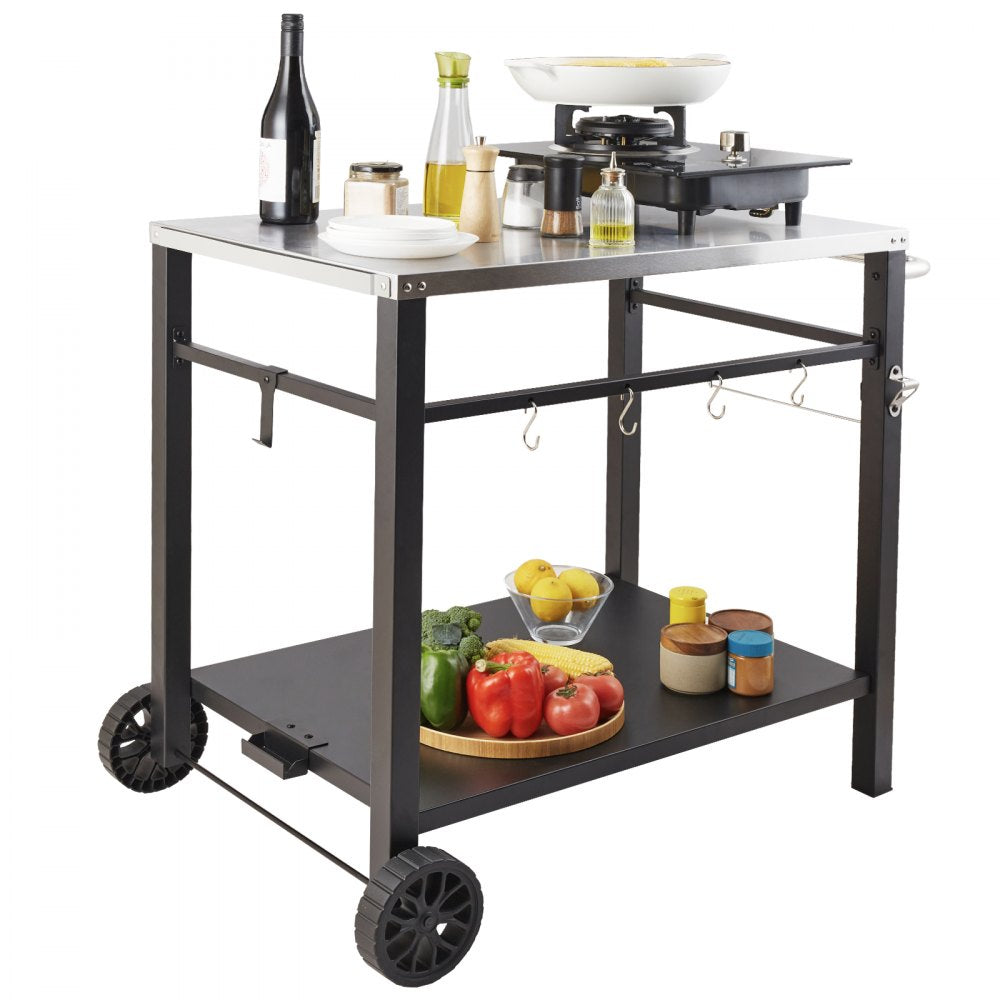 VEVOR Outdoor Grill Dining Cart with Double-Shelf, BBQ Movable Food Prep Table, Multifunctional Stainless Steel Table Top, Portable Modular Carts for Pizza Oven, Worktable with 2 Wheels, Carry Handle 