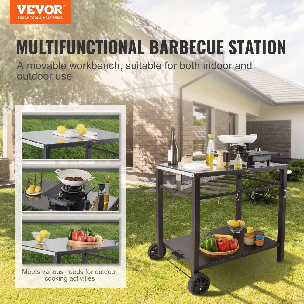 VEVOR Outdoor Grill Dining Cart with Double-Shelf, BBQ Movable Food Prep Table, Multifunctional Iron Table Top, Portable Modular Carts for Pizza Oven, Worktable with 2 Wheels, Carry Handle, Black 