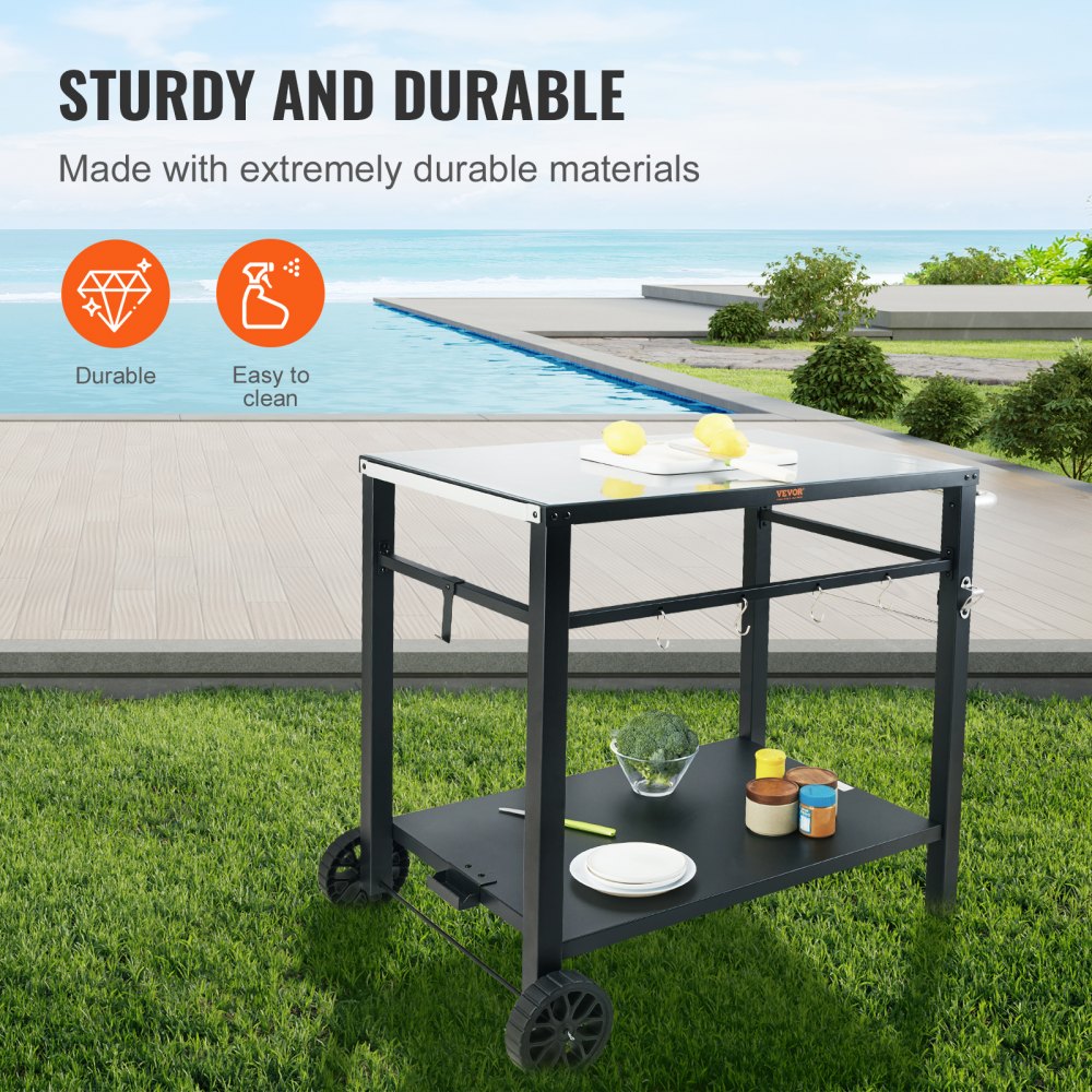 VEVOR Outdoor Grill Dining Cart with Double-Shelf, BBQ Movable Food Prep Table, Multifunctional Iron Table Top, Portable Modular Carts for Pizza Oven, Worktable with 2 Wheels, Carry Handle, Black 
