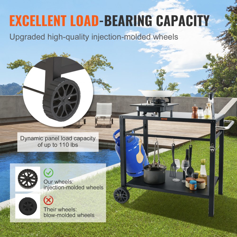 VEVOR Outdoor Grill Dining Cart with Double-Shelf, BBQ Movable Food Prep Table, Multifunctional Iron Table Top, Portable Modular Carts for Pizza Oven, Worktable with 2 Wheels, Carry Handle, Black 