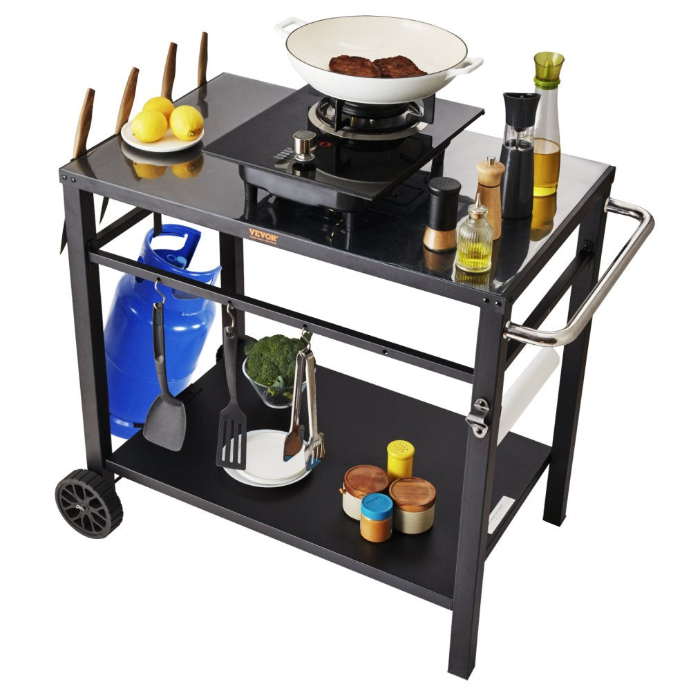 VEVOR Outdoor Grill Dining Cart with Double-Shelf, BBQ Movable Food Prep Table, Multifunctional Iron Table Top, Portable Modular Carts for Pizza Oven, Worktable with 2 Wheels, Carry Handle, Black 