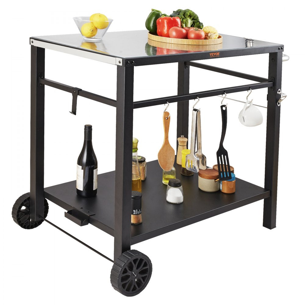 VEVOR Outdoor Grill Dining Cart with Double-Shelf, BBQ Movable Food Prep Table, Multifunctional Iron Table Top, Portable Modular Carts for Pizza Oven, Worktable with 2 Wheels, Carry Handle, Black 