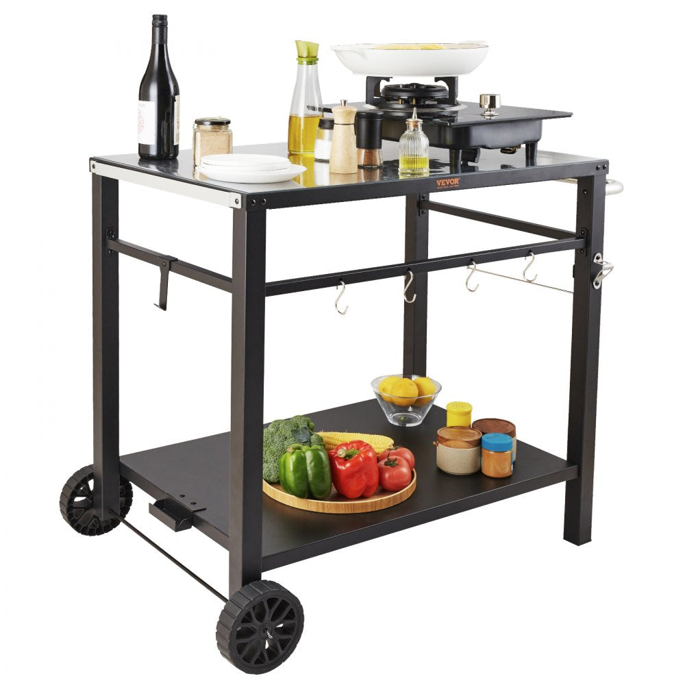 VEVOR Outdoor Grill Dining Cart with Double-Shelf, BBQ Movable Food Prep Table, Multifunctional Iron Table Top, Portable Modular Carts for Pizza Oven, Worktable with 2 Wheels, Carry Handle, Black 