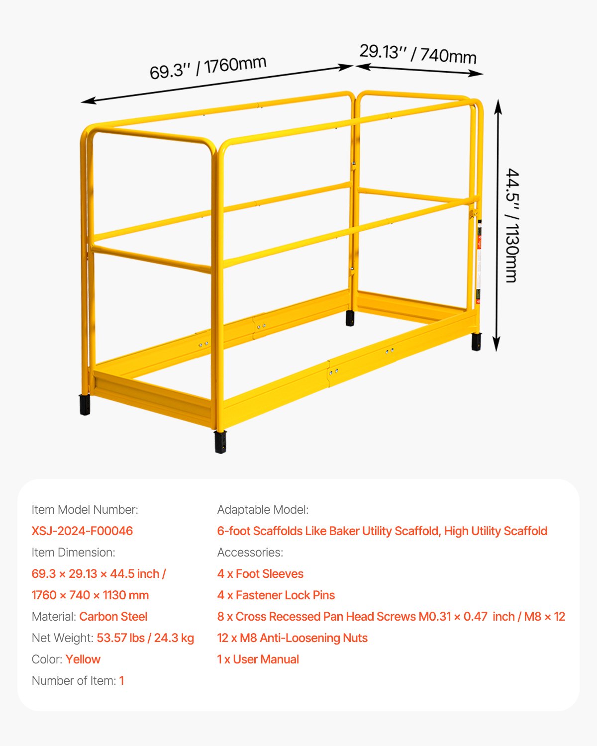VEVOR 6ft Scaffolding Safety Guard Rail System For Baker Scaffolding Yellow 