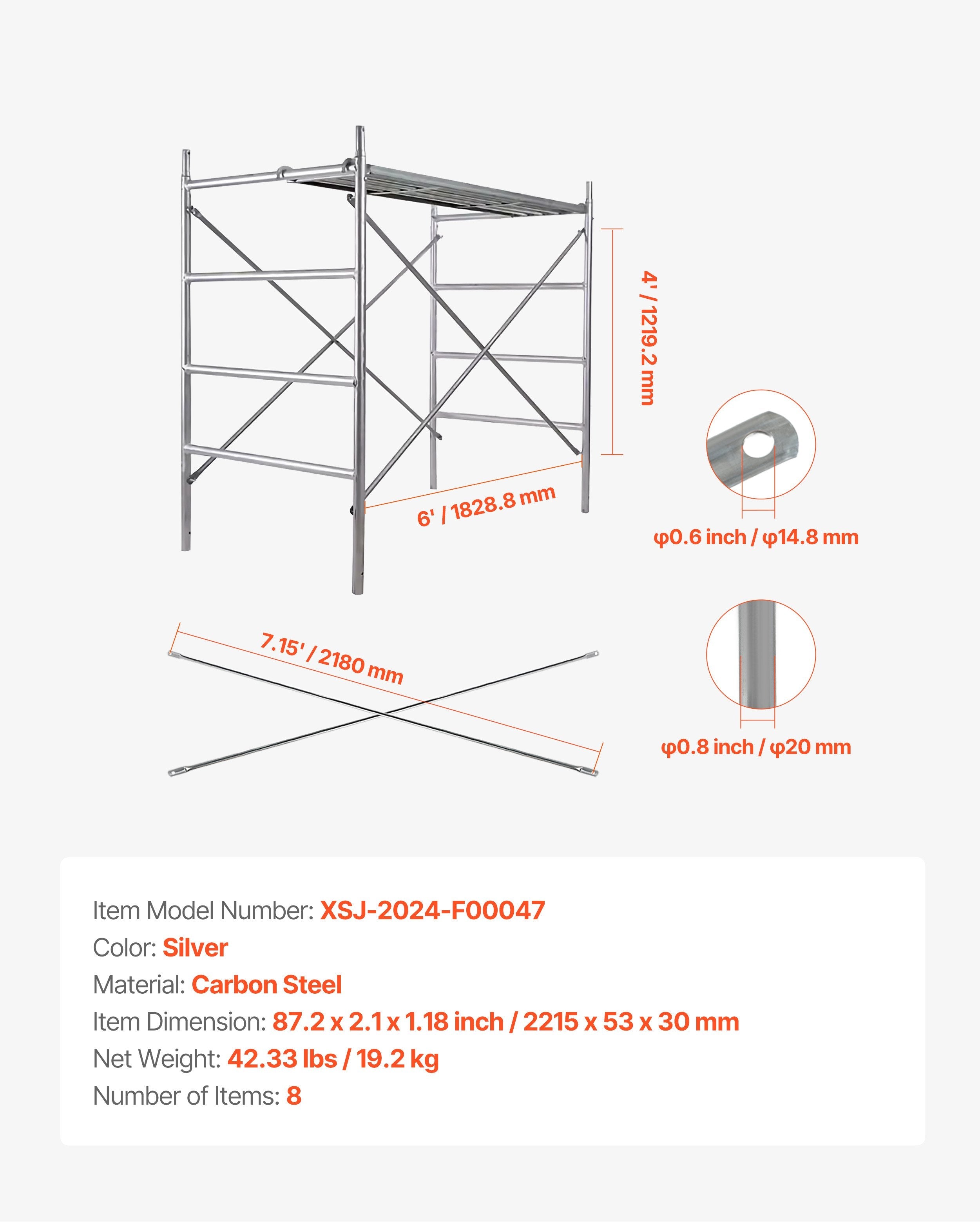 VEVOR Scaffolding Cross Brace 6ft x 4ft 8-Pack Solid Carbon Steel Cross Supports 