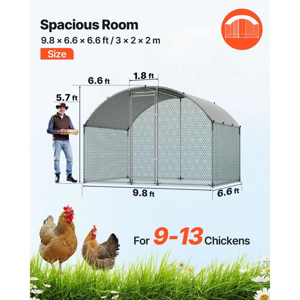 Large Walk-In Chicken Coop 9.8 x 6.6 x 6.6 FT – Metal Poultry Run with Dome Roof, Cover & Security Lock