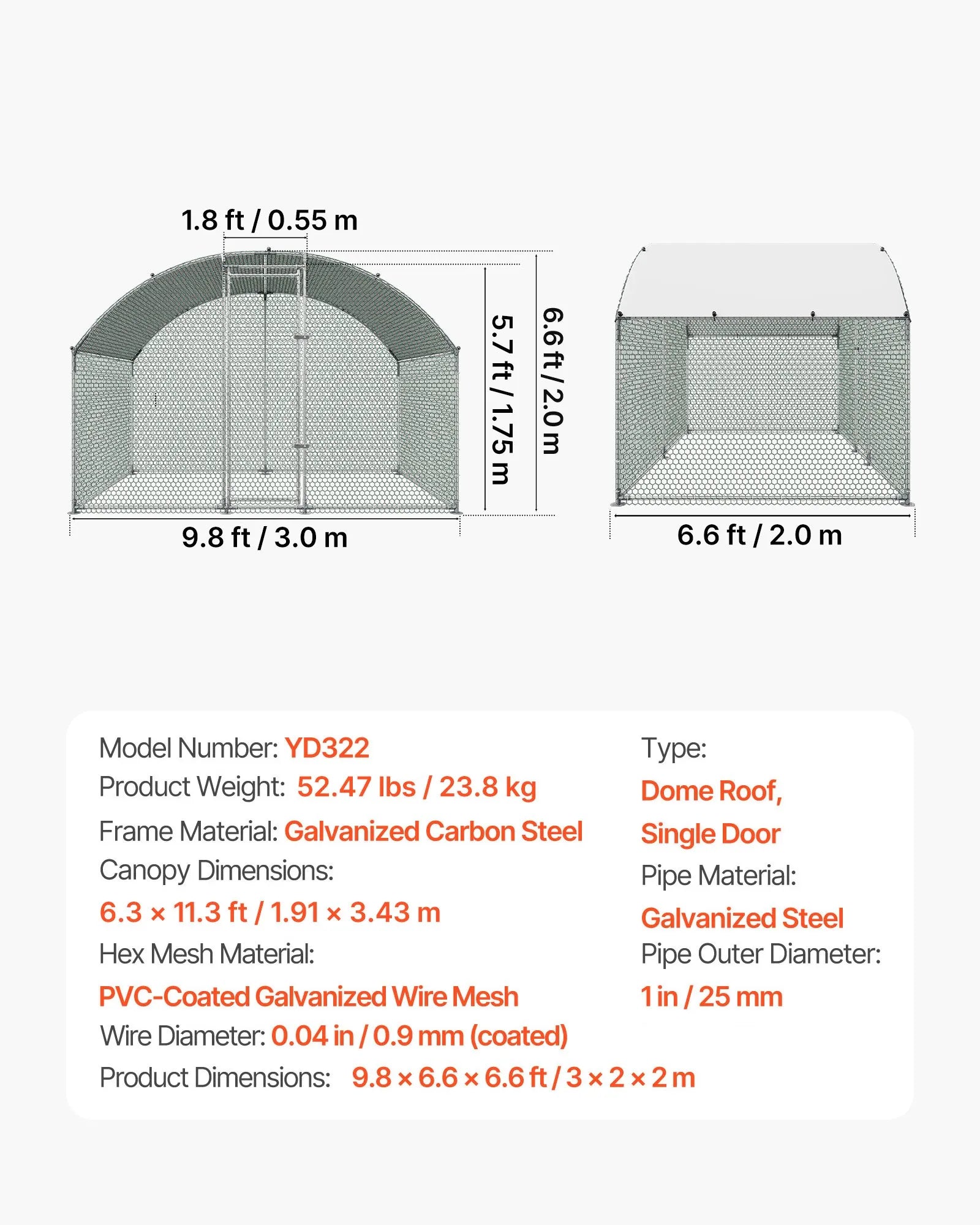 Large Walk-In Chicken Coop 9.8 x 6.6 x 6.6 FT – Metal Poultry Run with Dome Roof, Cover & Security Lock