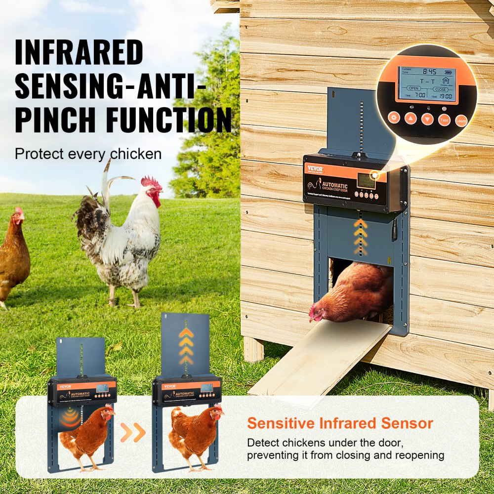 VEVOR Automatic Chicken Coop Door, Auto Chicken Door Opener with Timer & Light Sensor Aluminum Chicken Coops Door with Remote Control and LCD screen, 4 Modes Opening, Battery or DC Powered 
