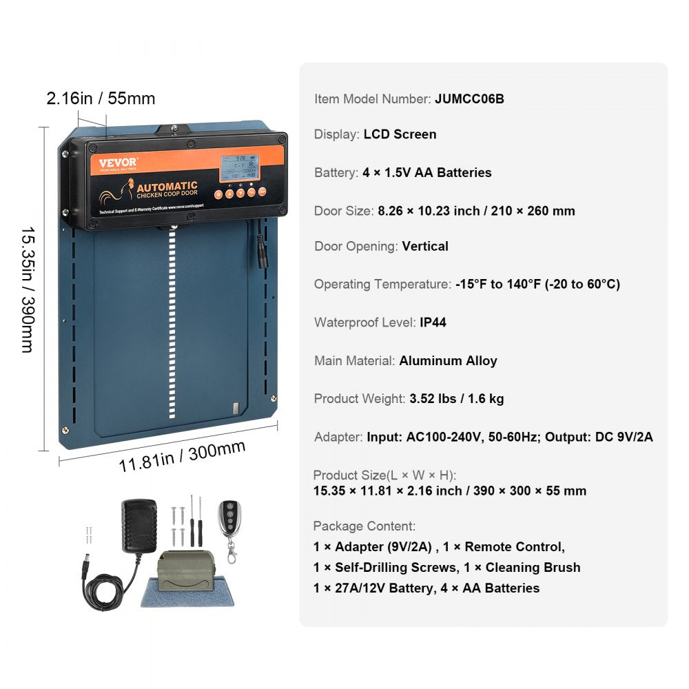 VEVOR Automatic Chicken Coop Door, Auto Chicken Door Opener with Timer & Light Sensor Aluminum Chicken Coops Door with Remote Control and LCD screen, 4 Modes Opening, Battery or DC Powered 