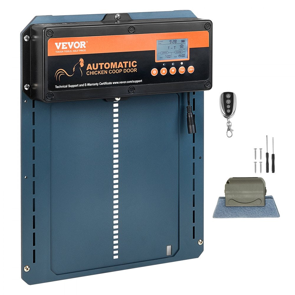 VEVOR Automatic Chicken Coop Door, Auto Chicken Door Opener with Timer & Light Sensor Aluminum Chicken Coops Door with Remote Control and LCD screen, 4 Modes Opening, Battery or DC Powered 