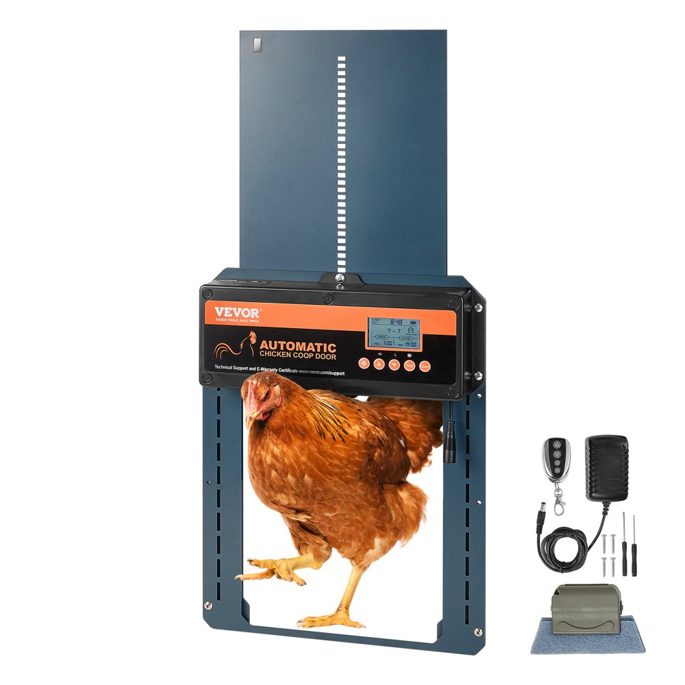 VEVOR Automatic Chicken Coop Door, Auto Chicken Door Opener with Timer & Light Sensor Aluminum Chicken Coops Door with Remote Control and LCD screen, 4 Modes Opening, Battery or DC Powered 