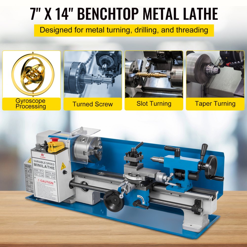 VEVOR Metal Lathe 7x14inch Precision Bench Top Mini Metal Lathe 550W Precision Metal Lathe Variable Speed 50-2500 RPM Nylon Gear with A Movable Lamp 