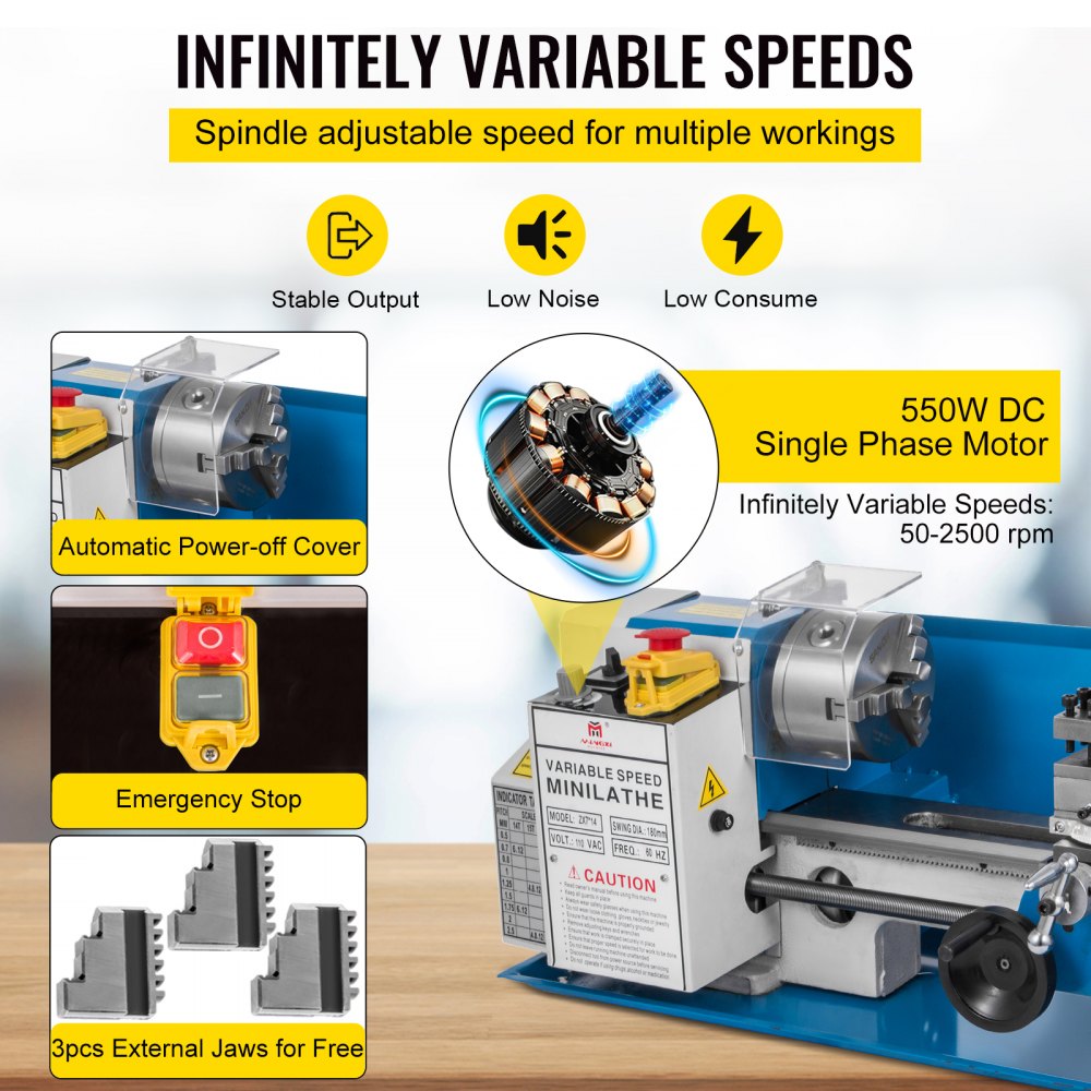 VEVOR Metal Lathe 7x14inch Precision Bench Top Mini Metal Lathe 550W Precision Metal Lathe Variable Speed 50-2500 RPM Nylon Gear with A Movable Lamp 