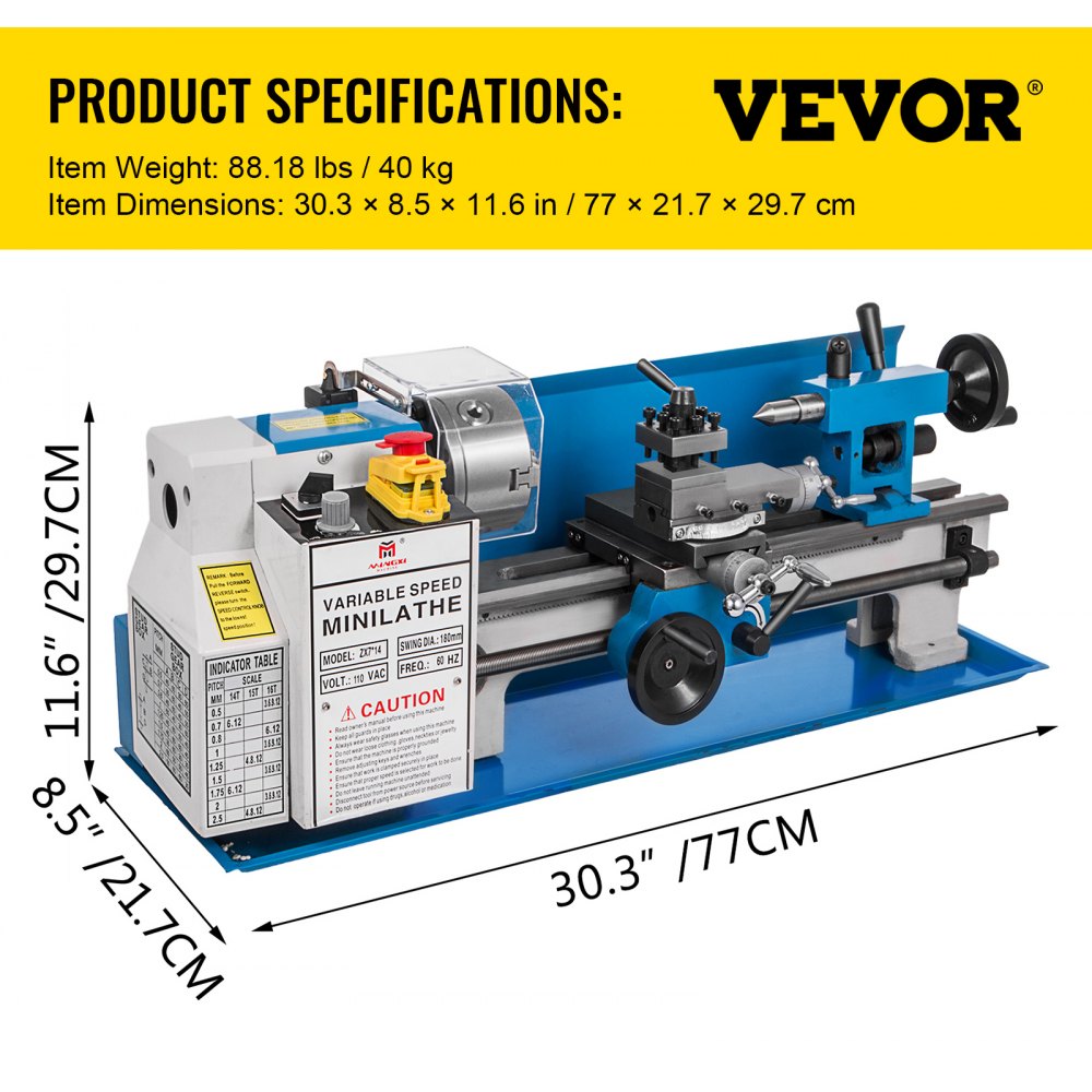 VEVOR Metal Lathe 7x14inch Precision Bench Top Mini Metal Lathe 550W Precision Metal Lathe Variable Speed 50-2500 RPM Nylon Gear with A Movable Lamp 